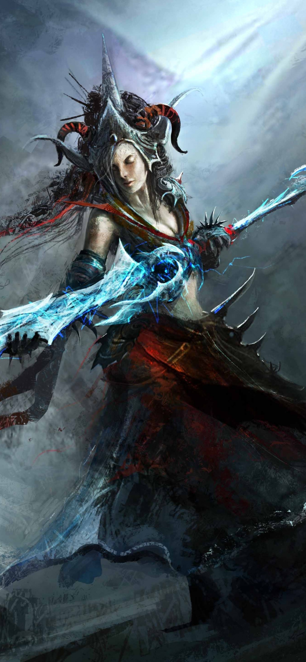 Woman in Blue Dress Holding a Sword Illustration. Wallpaper in 1242x2688 Resolution
