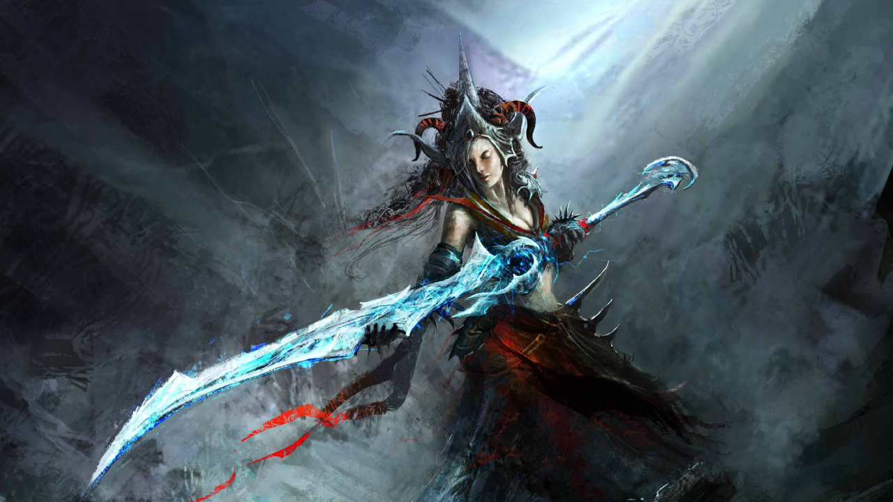 Woman in Blue Dress Holding a Sword Illustration. Wallpaper in 1280x720 Resolution