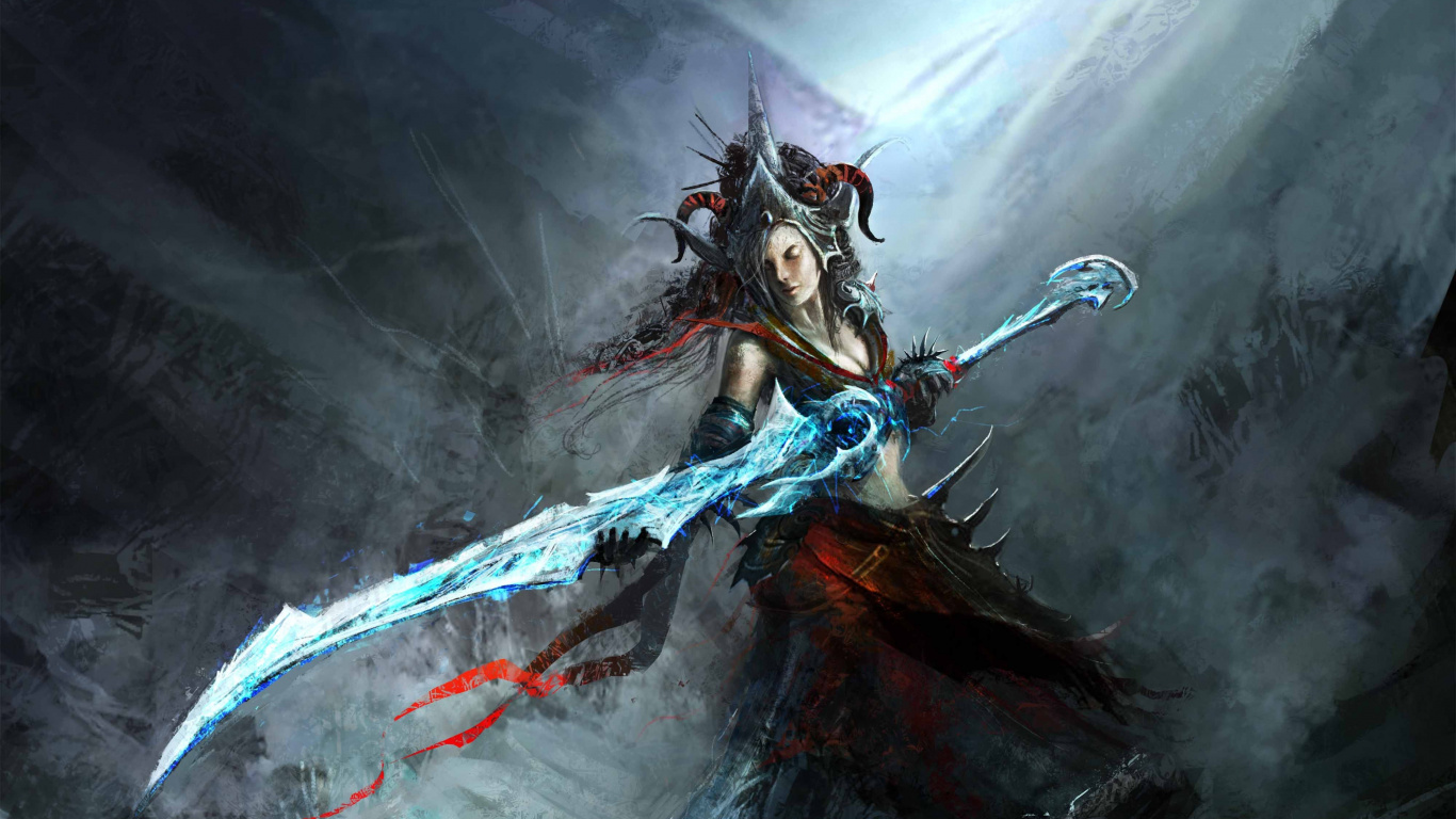 Woman in Blue Dress Holding a Sword Illustration. Wallpaper in 1366x768 Resolution