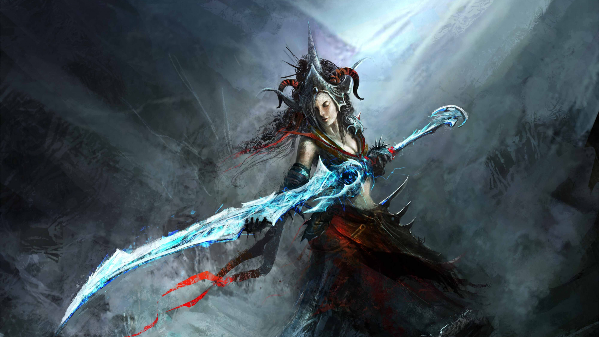 Woman in Blue Dress Holding a Sword Illustration. Wallpaper in 1920x1080 Resolution