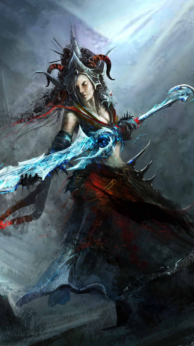 Woman in Blue Dress Holding a Sword Illustration. Wallpaper in 750x1334 Resolution