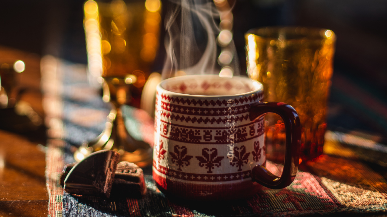 White and Black Ceramic Mug on Brown Wooden Table. Wallpaper in 1280x720 Resolution