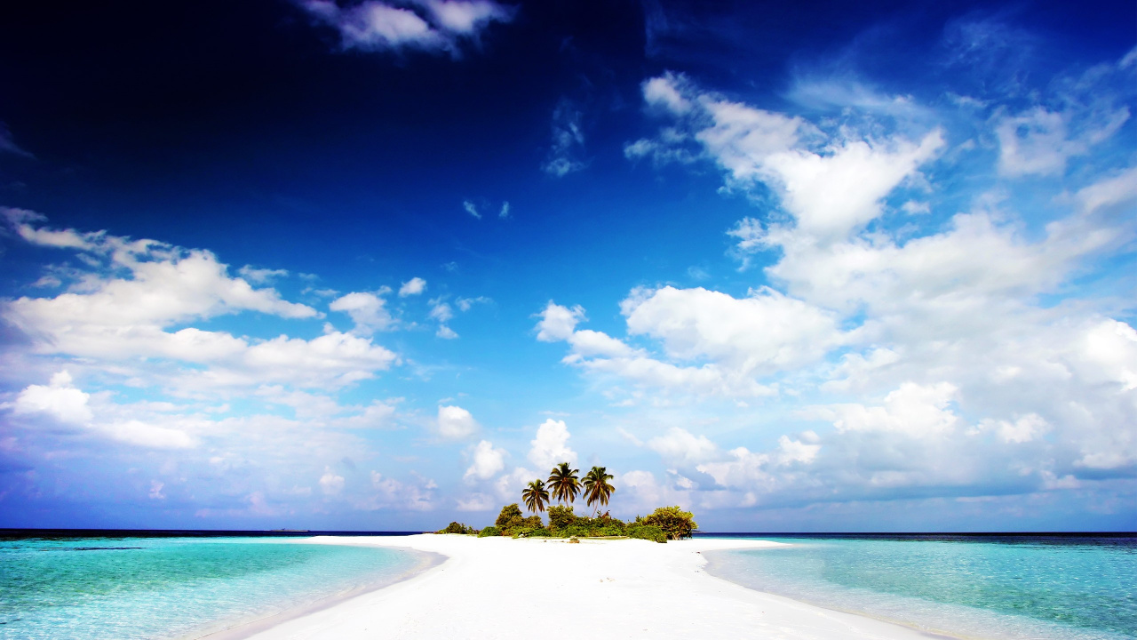 Green Trees on White Sand Beach Under Blue Sky During Daytime. Wallpaper in 1280x720 Resolution