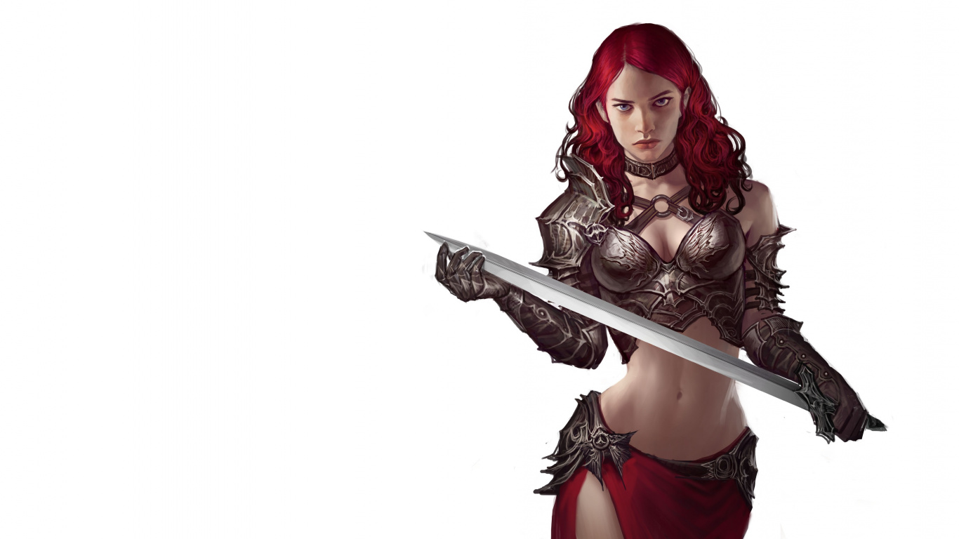 Woman in Red Hair Holding Sword. Wallpaper in 1366x768 Resolution