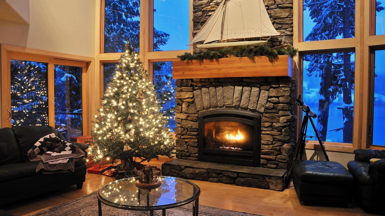Chimenea, Hogar, Sala de Estar, Habitación, Decoración de la Navidad. Wallpaper in 1280x720 Resolution