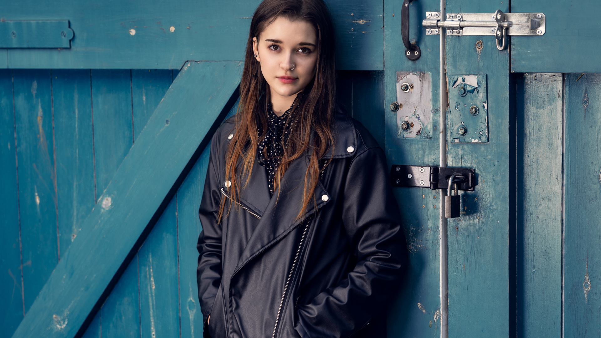 Woman in Black Coat Standing Beside Blue Wooden Door. Wallpaper in 1920x1080 Resolution