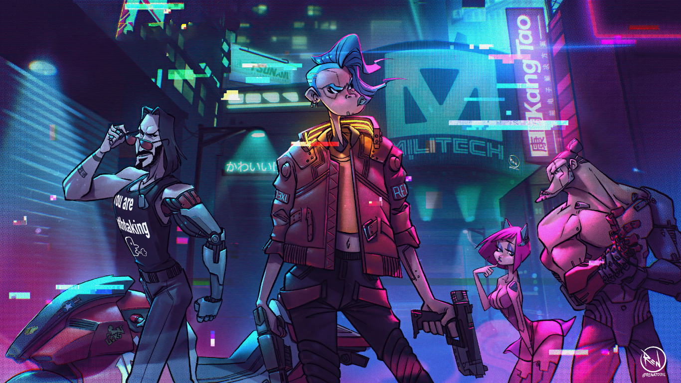 庞克2077, 庞克, 艺术, 卡通, 紫色的 壁纸 1366x768 允许