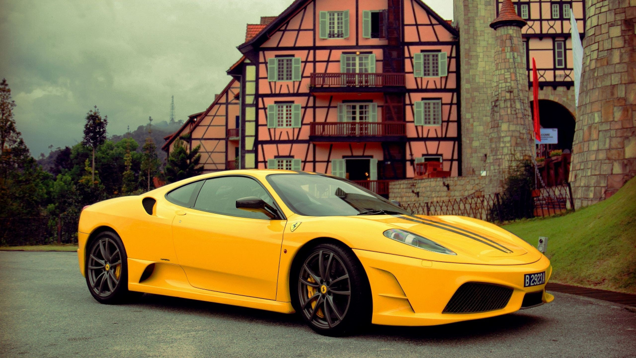 Yellow Ferrari 458 Italia Parked Beside Brown Brick Building. Wallpaper in 1280x720 Resolution