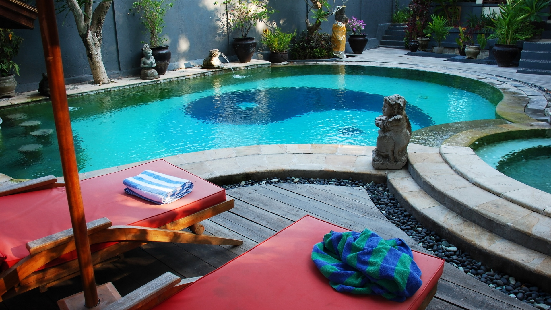 Blue Textile on Red and Blue Mat Near Swimming Pool. Wallpaper in 1920x1080 Resolution