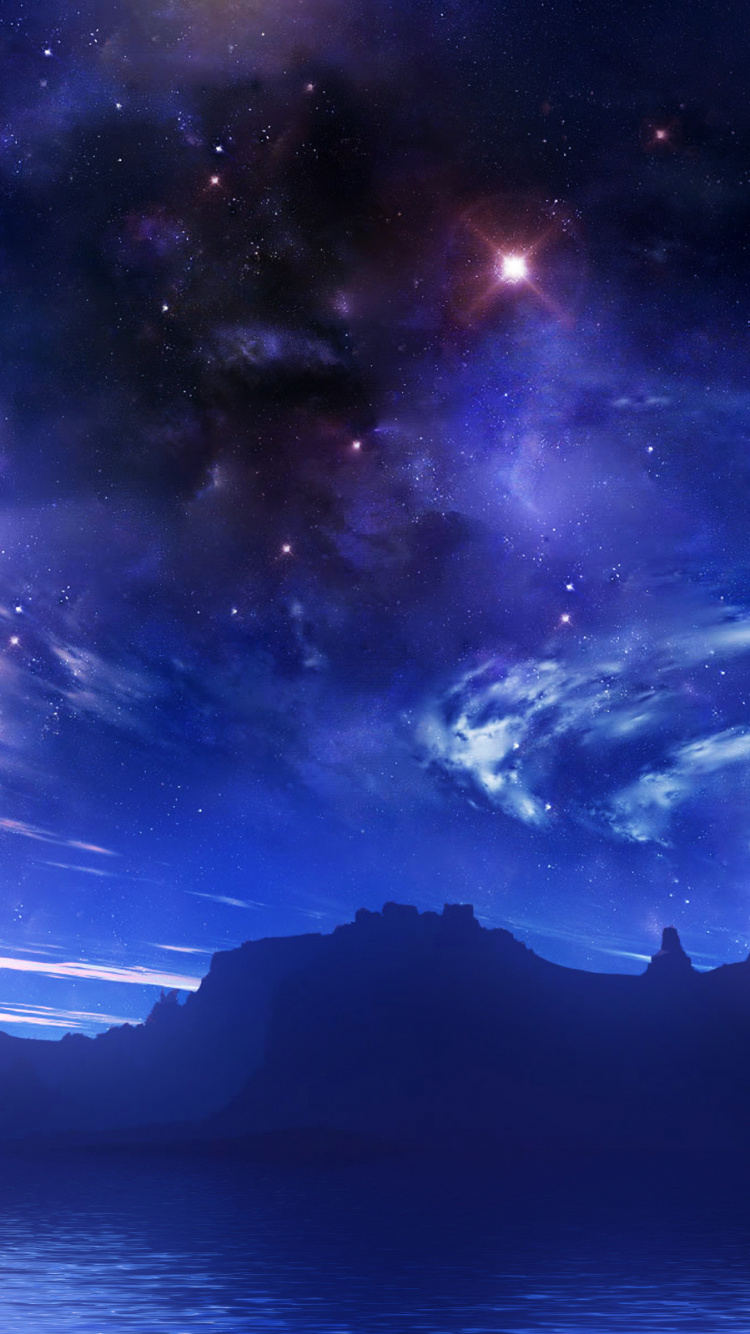 Silueta de Montaña Cerca Del Cuerpo de Agua Bajo la Noche Estrellada. Wallpaper in 750x1334 Resolution