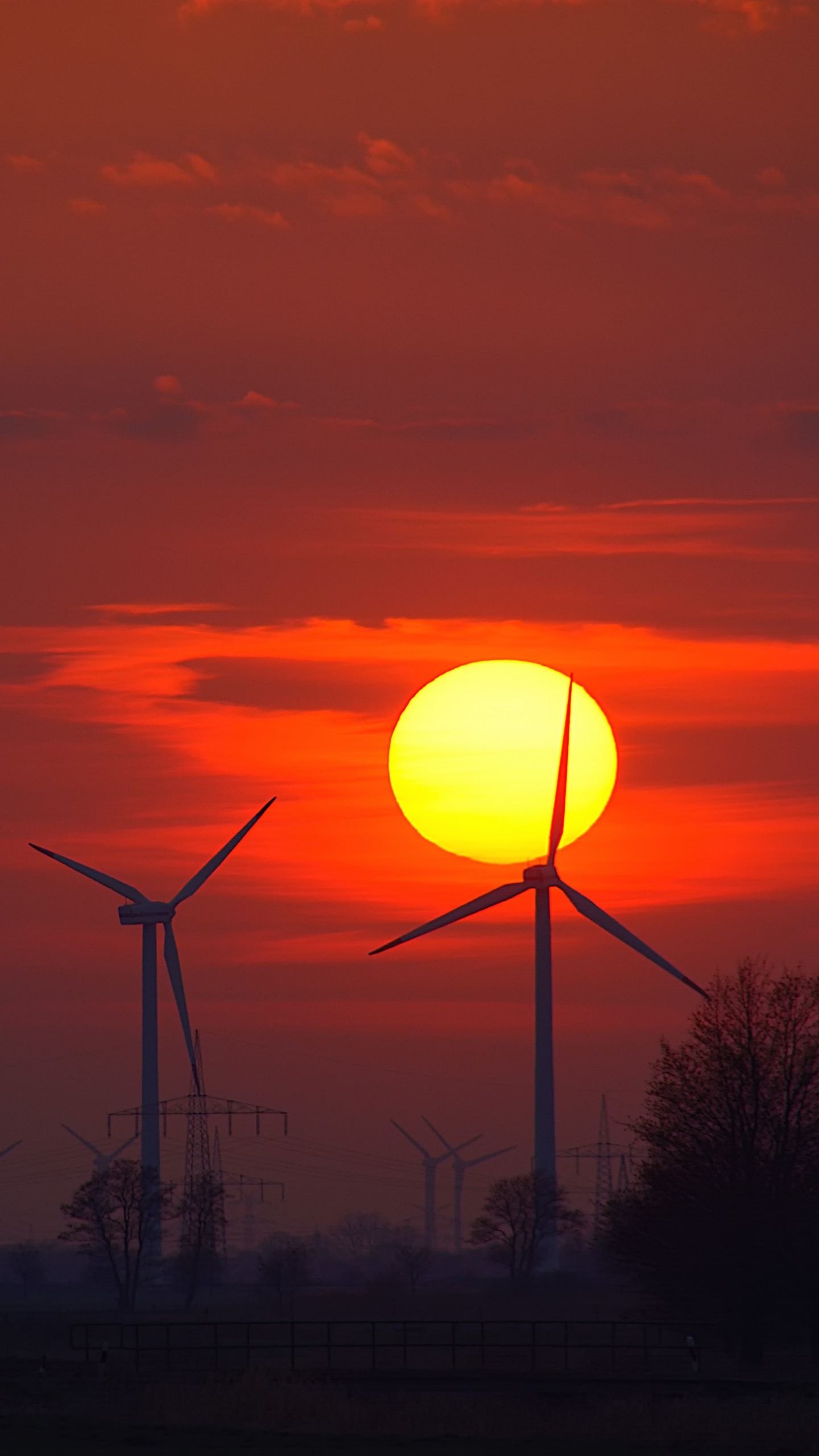 Ciel, Lever, Éolienne, Énergie, Matin. Wallpaper in 1440x2560 Resolution