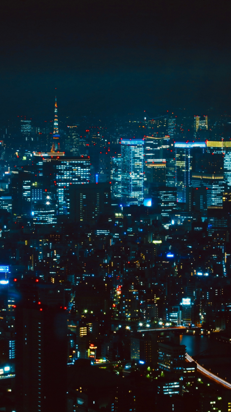 Stadt Mit Hochhäusern Während Der Nacht. Wallpaper in 750x1334 Resolution