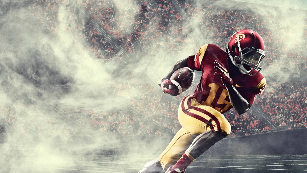 Man in Red and White Jersey Shirt and Shorts Playing Football. Wallpaper in 1280x720 Resolution