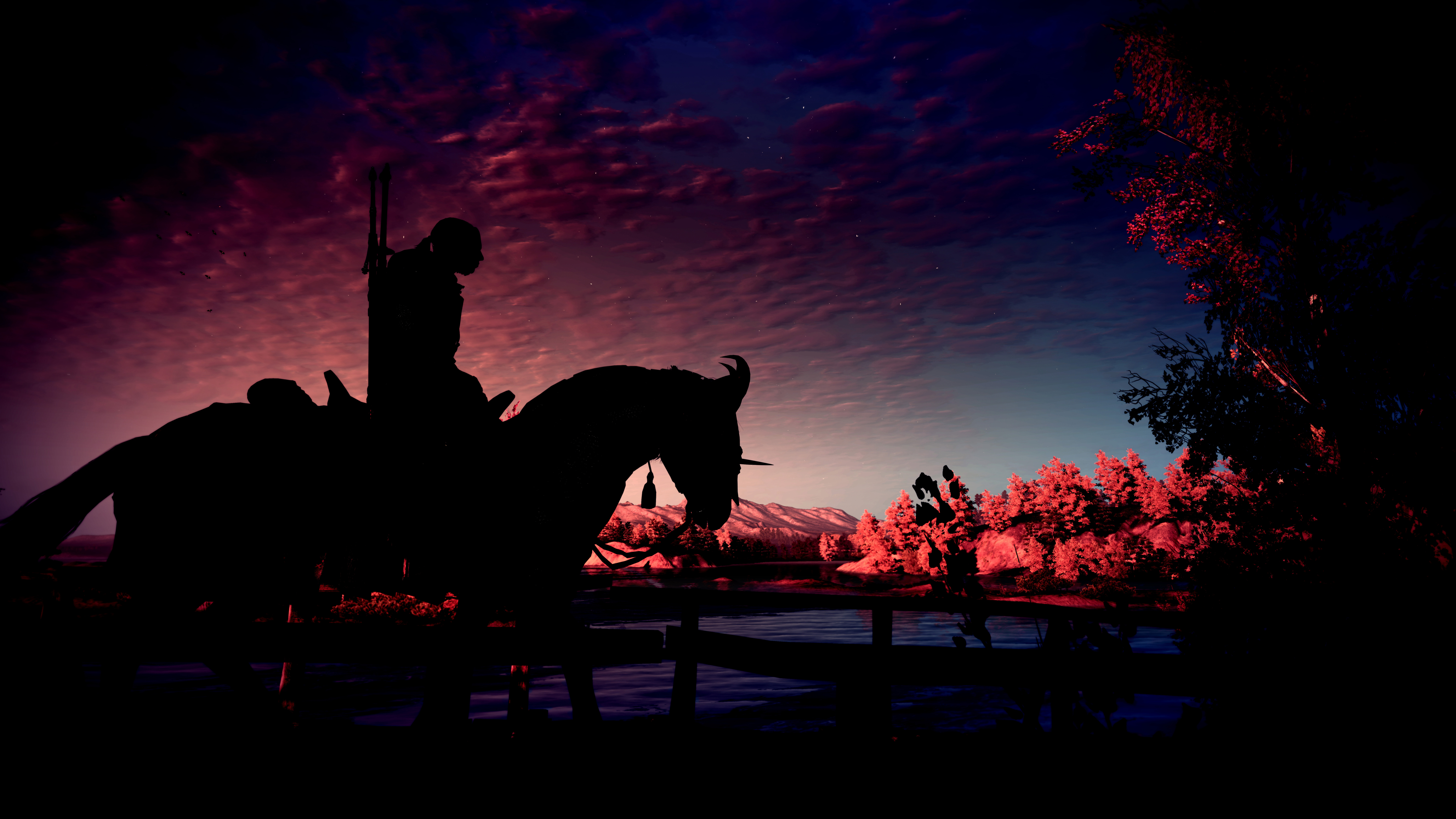 The Witcher 3 Wild Hunt, Playstation 4, Silueta, Noche, Afterglow. Wallpaper in 7680x4320 Resolution