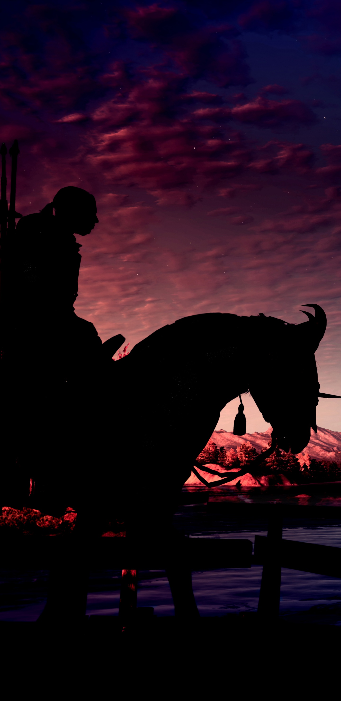 The Witcher 3 Wild Hunt, Playstation 4, Silhouette, Evening, Horse. Wallpaper in 1440x2960 Resolution