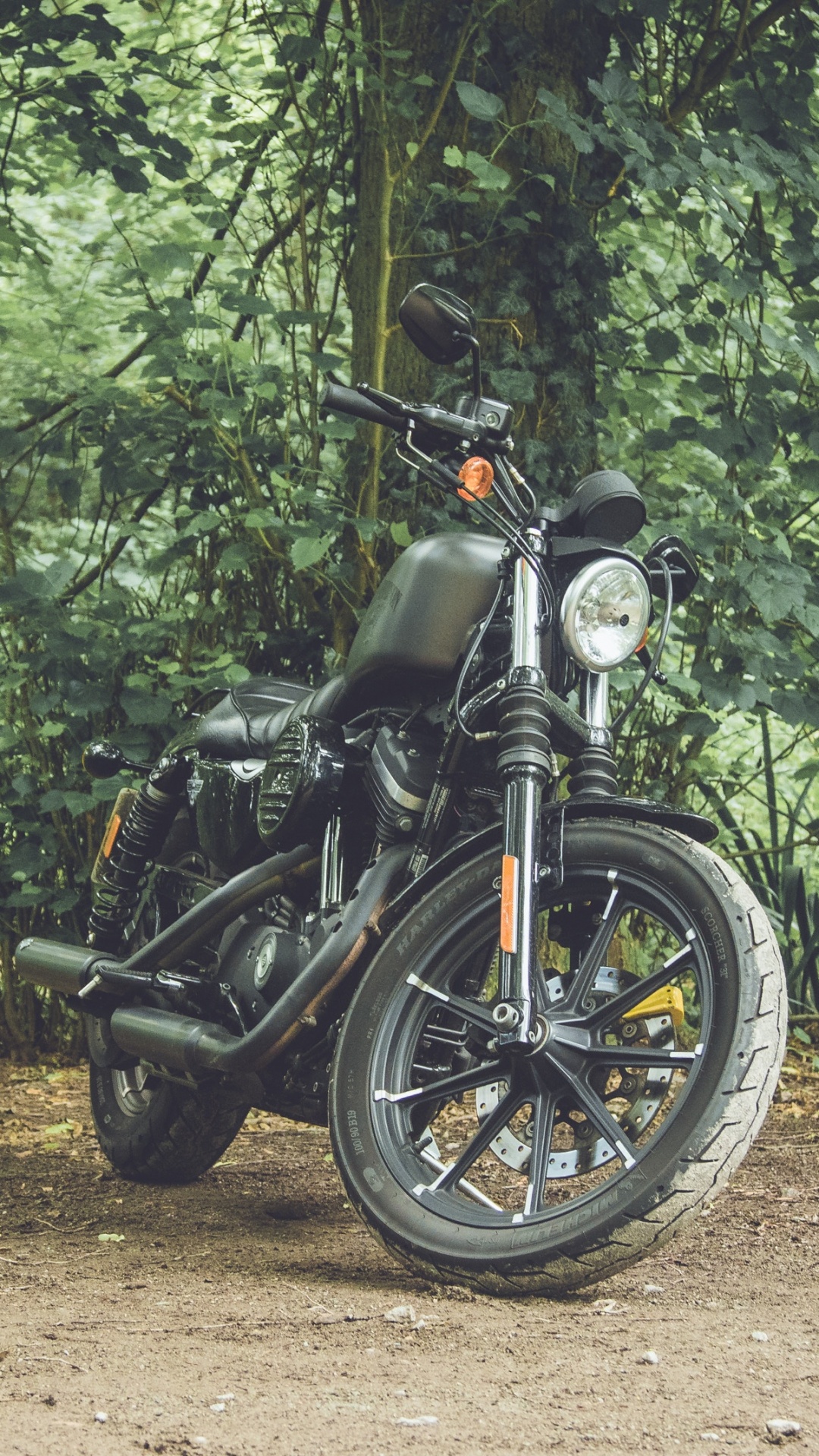 Black Motorcycle Parked on Dirt Road in Between Green Trees During Daytime. Wallpaper in 1080x1920 Resolution