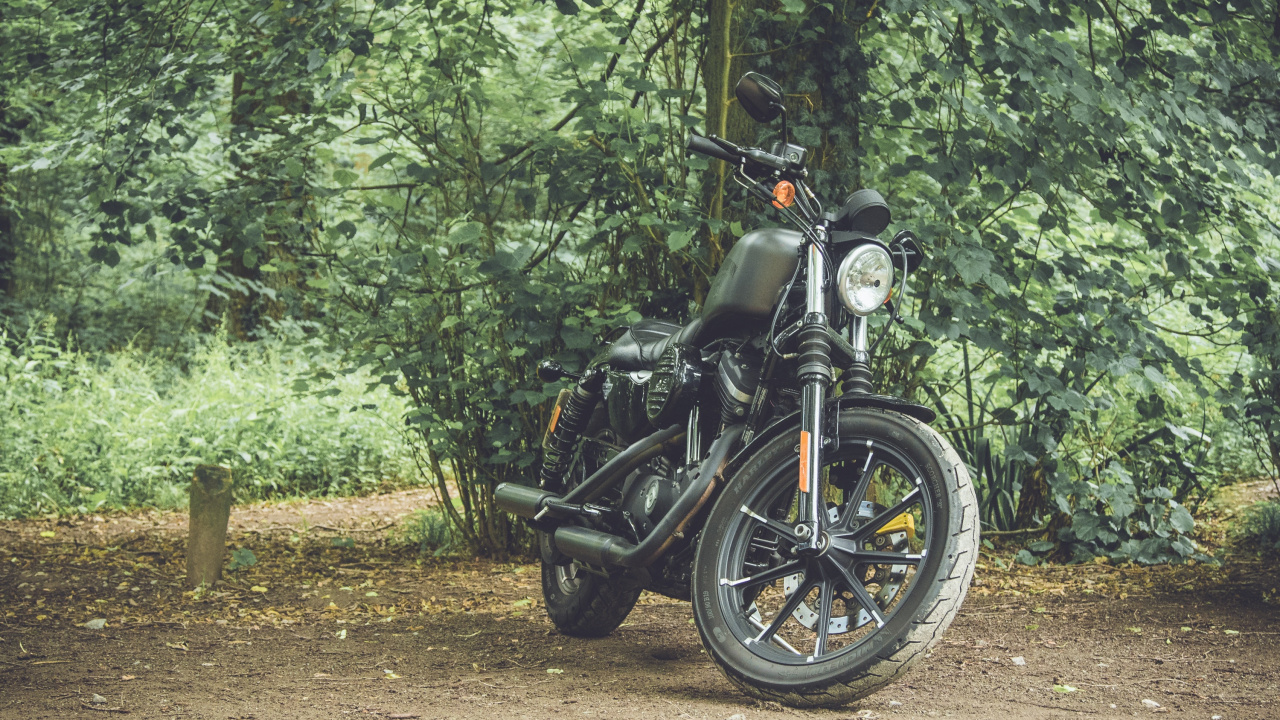 Black Motorcycle Parked on Dirt Road in Between Green Trees During Daytime. Wallpaper in 1280x720 Resolution