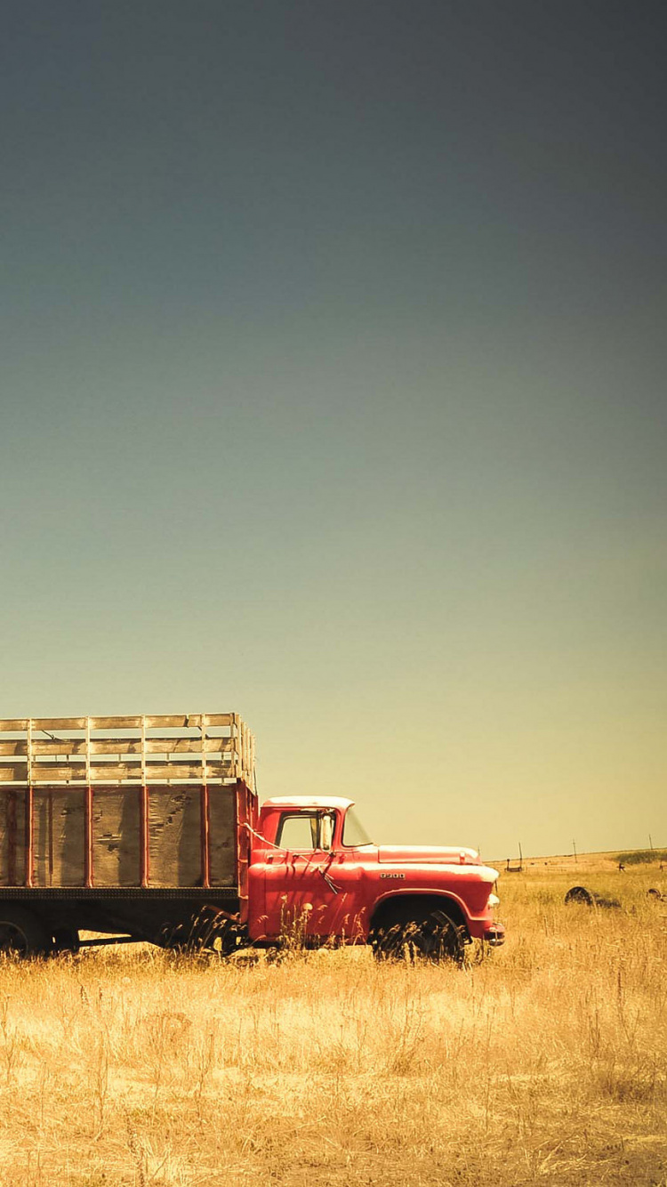 Camion Rouge et Marron Sur Terrain D'herbe Brune Sous Ciel Bleu Pendant la Journée. Wallpaper in 750x1334 Resolution
