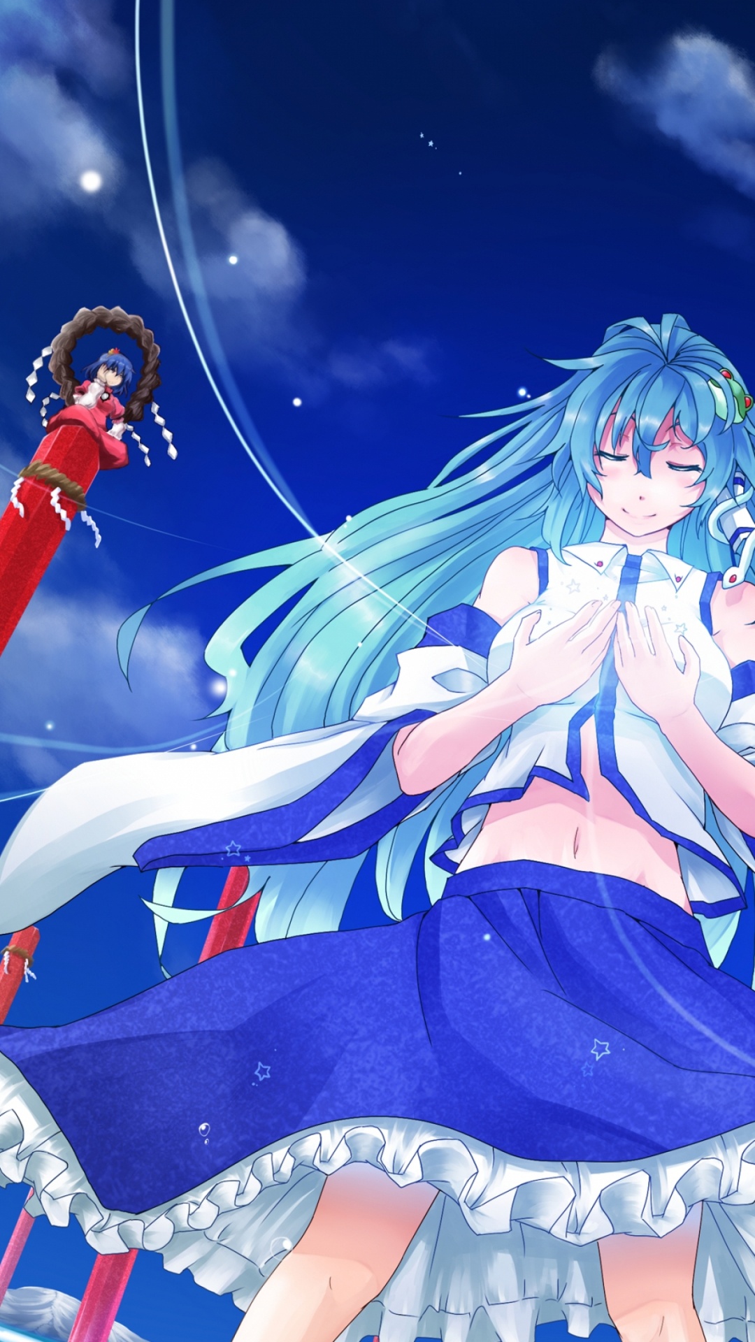 Green Haired Woman in Blue and White Dress Anime Character. Wallpaper in 1080x1920 Resolution