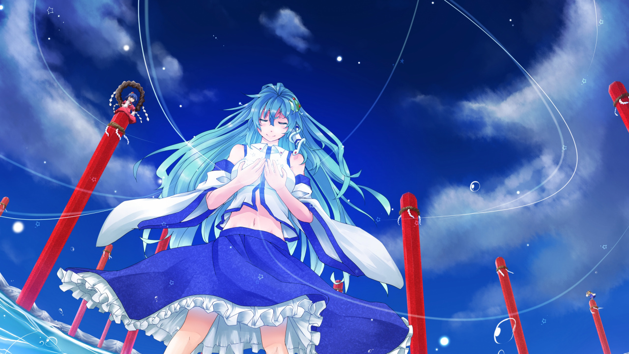 Grünhaarige Frau im Blau-weißen Kleid Anime-Charakter. Wallpaper in 1280x720 Resolution