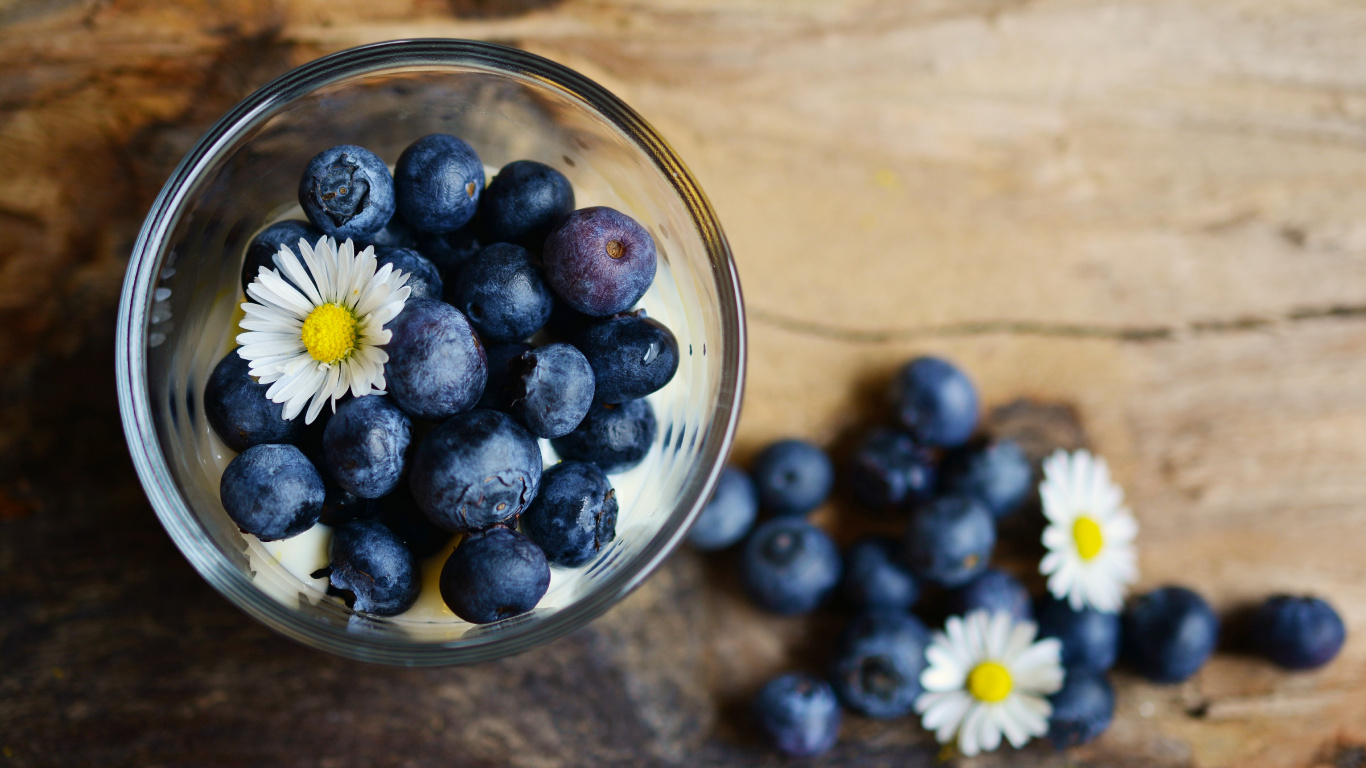 Blue Berries on Clear Glass Bowl. Wallpaper in 1366x768 Resolution