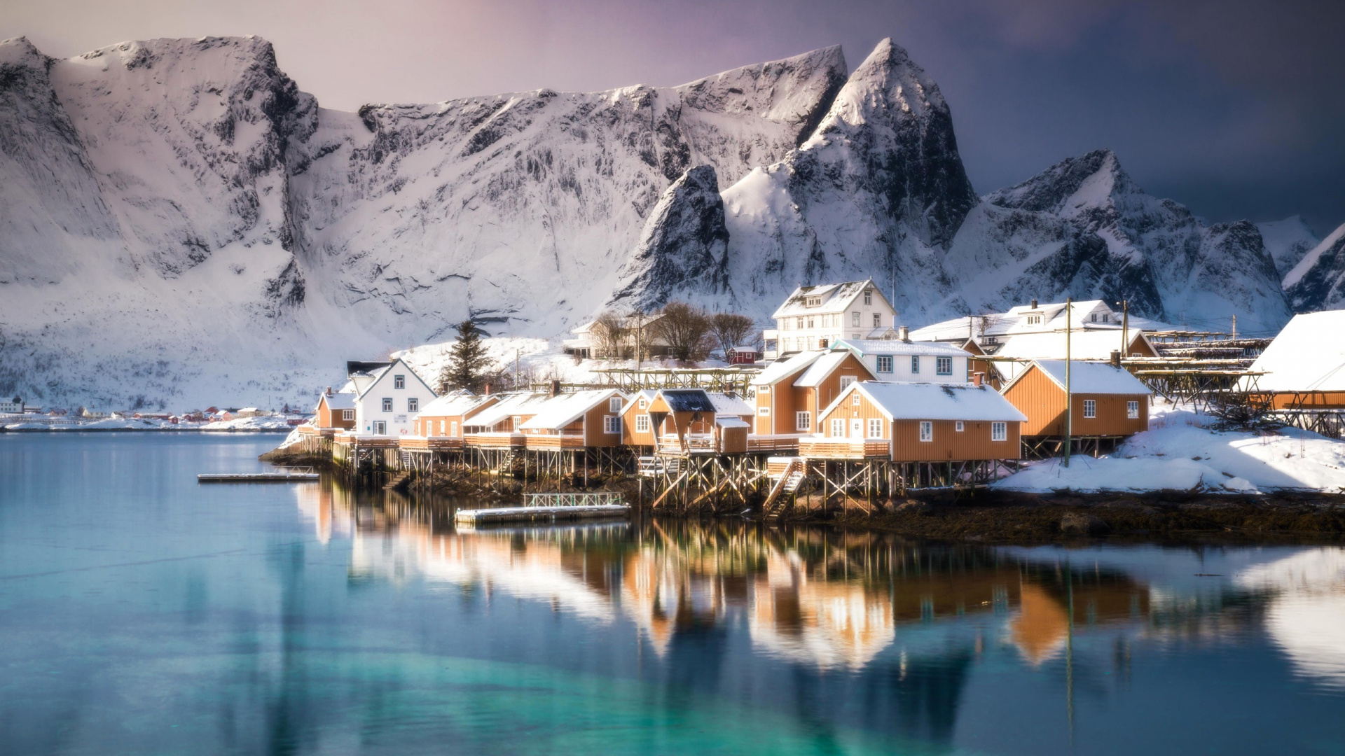 Houses Near Body of Water and Snow Covered Mountain During Daytime. Wallpaper in 1920x1080 Resolution