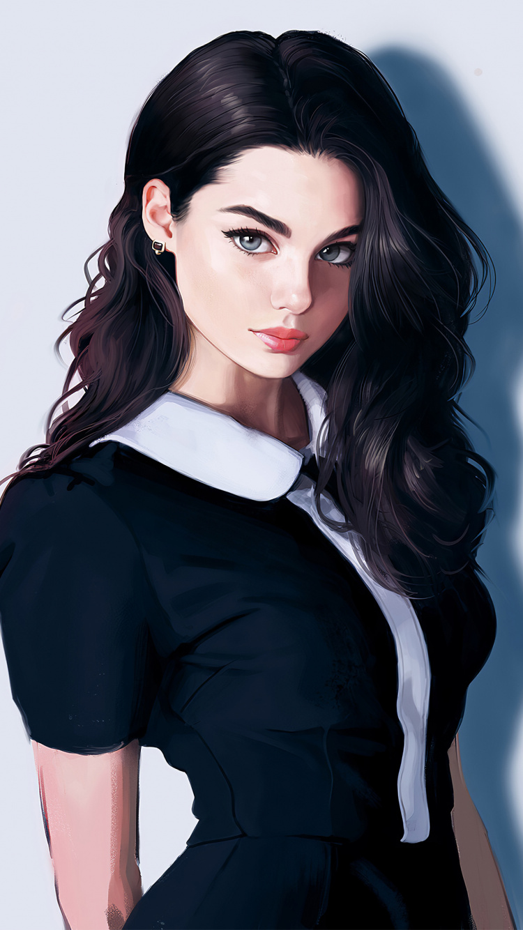 Fille D'art Numérique Cheveux Noirs, L'art Numérique, Art, Dessin, Peinture Numérique. Wallpaper in 750x1334 Resolution