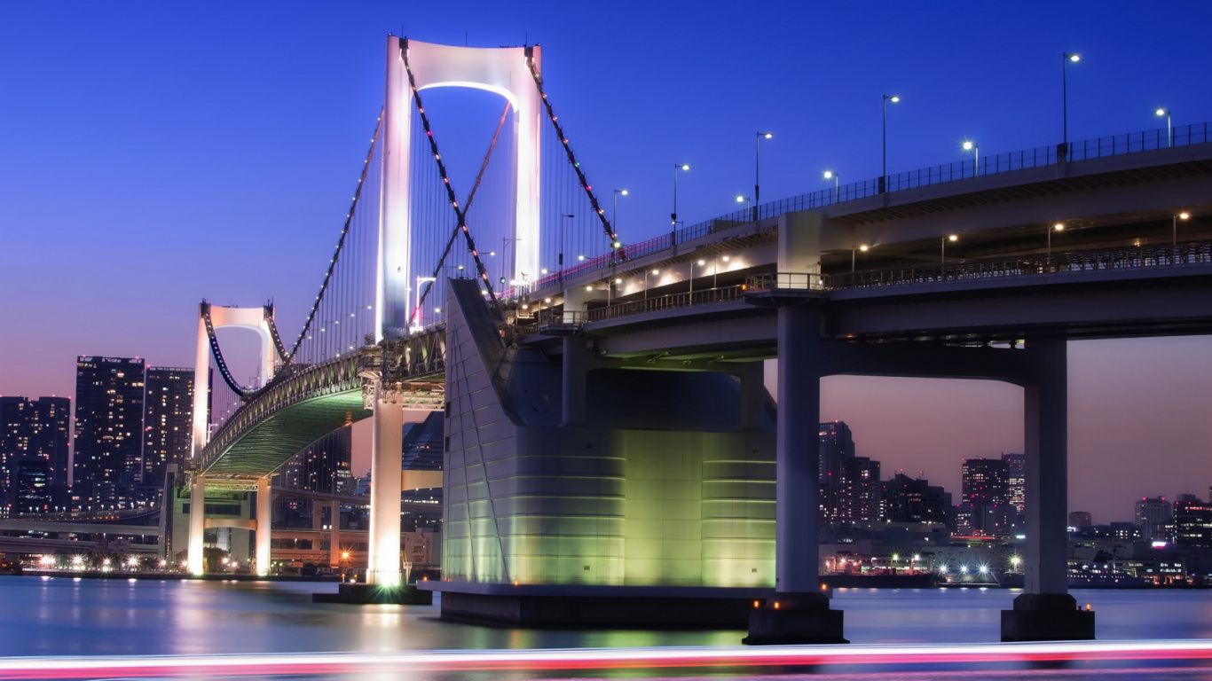 Bridge Over Water During Night Time. Wallpaper in 1366x768 Resolution
