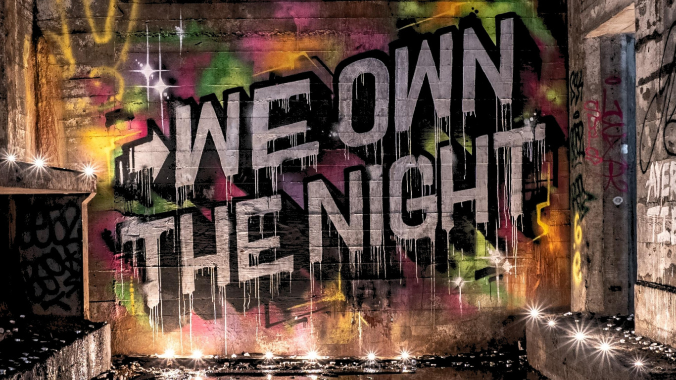 Graffiti-Wand-Nacht, Wand, Graffiti, Nacht, Kunst. Wallpaper in 1366x768 Resolution