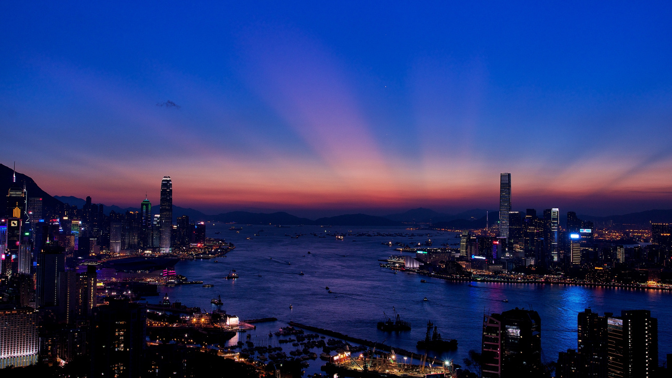 香港, 城市景观, 城市, 天际线, 大都会 壁纸 1366x768 允许