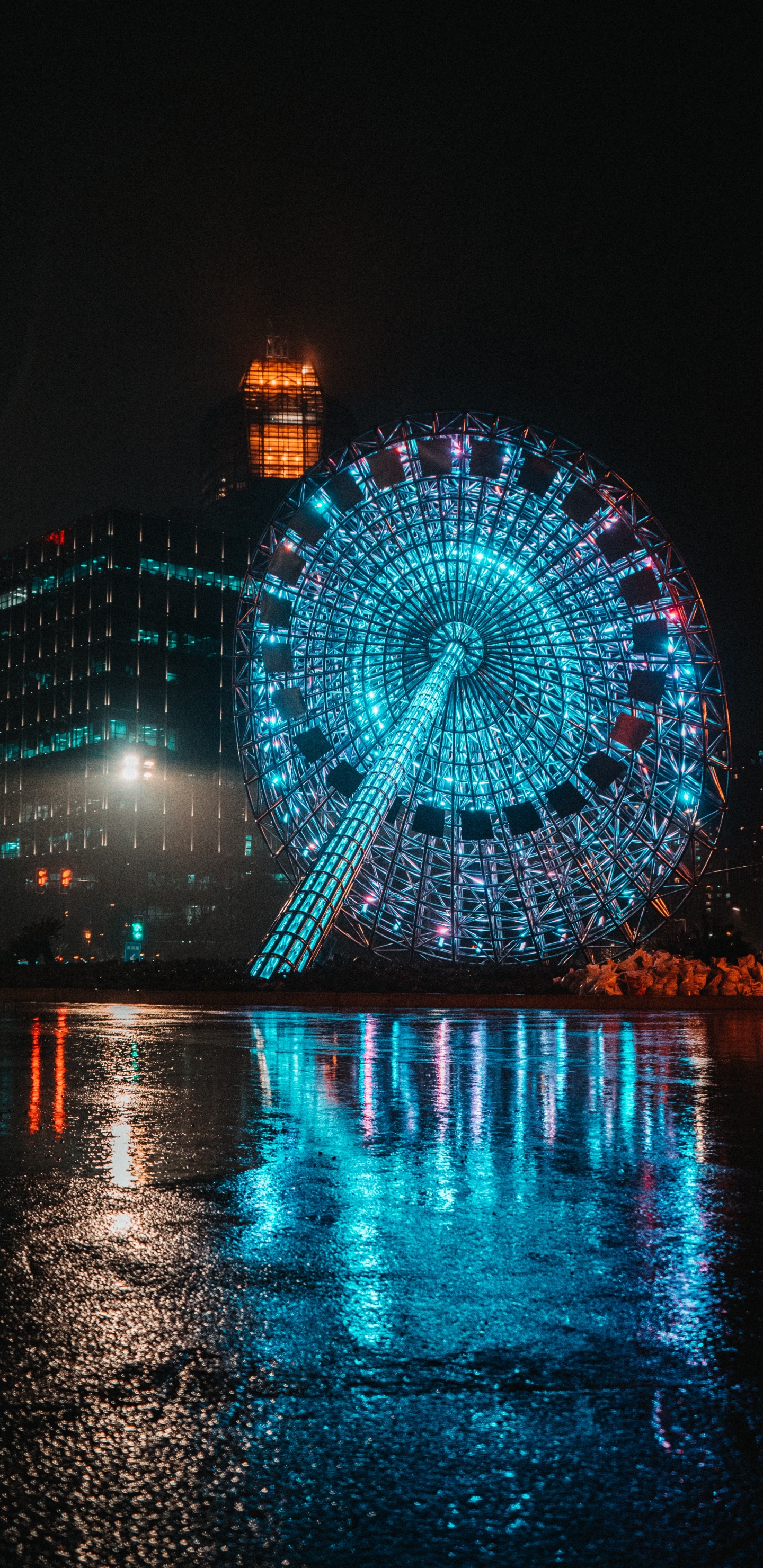 Blue and White Ferris Wheel During Night Time. Wallpaper in 1440x2960 Resolution