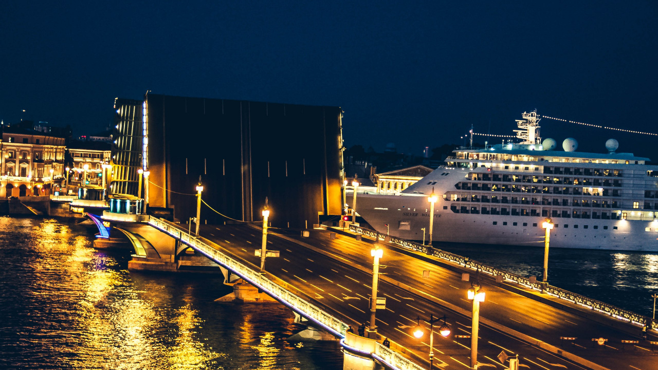White Cruise Ship on Dock During Night Time. Wallpaper in 1280x720 Resolution