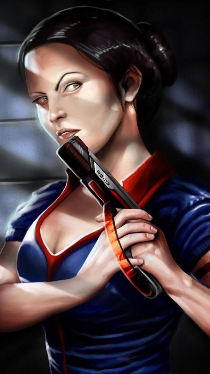 Frau in Blau-schwarz Gestreiftem Tanktop Mit Schwarzem Und Braunem Gewehr. Wallpaper in 720x1280 Resolution