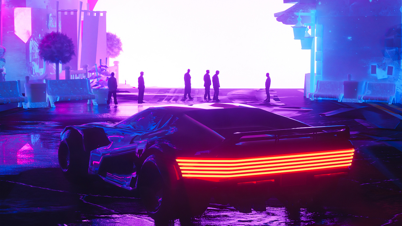 庞克2077, 庞克, Synthwave, 轮胎, 车灯 壁纸 1280x720 允许