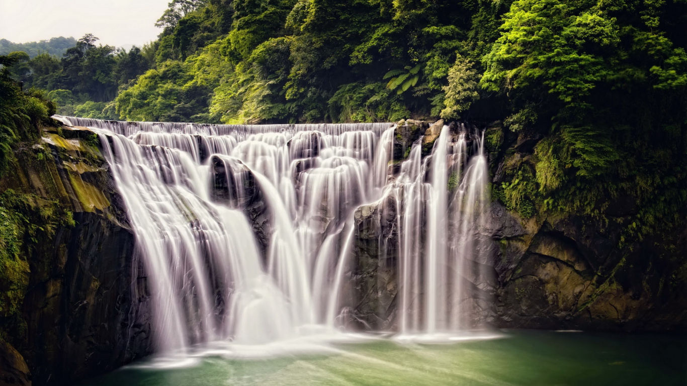 Waterfalls in The Middle of Green Trees. Wallpaper in 1366x768 Resolution