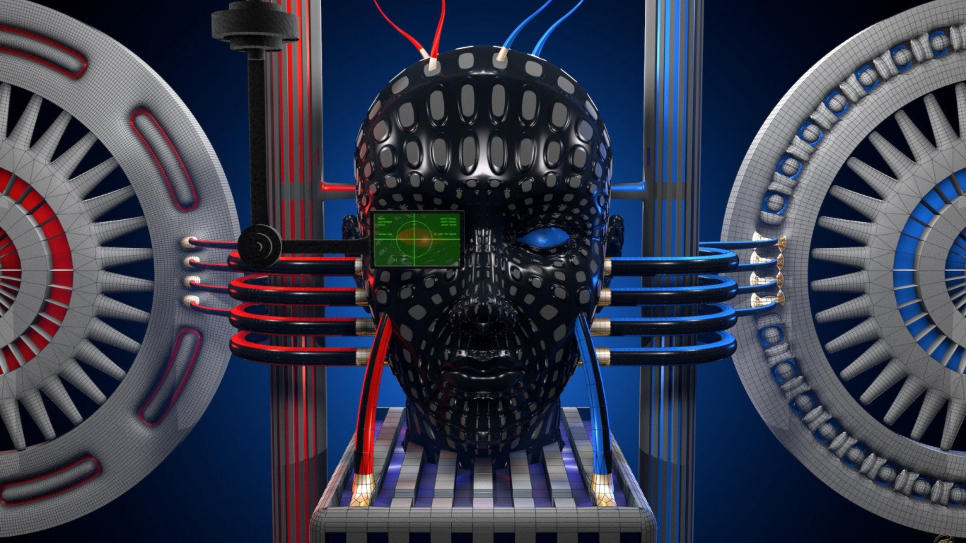 Black Skull With Blue and Red Light. Wallpaper in 1366x768 Resolution