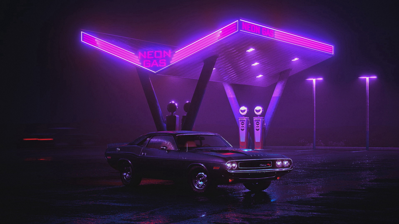 Neon, Machine, Neon Gas Station, Dodge Challenger, Chrysler Neon. Wallpaper in 1280x720 Resolution