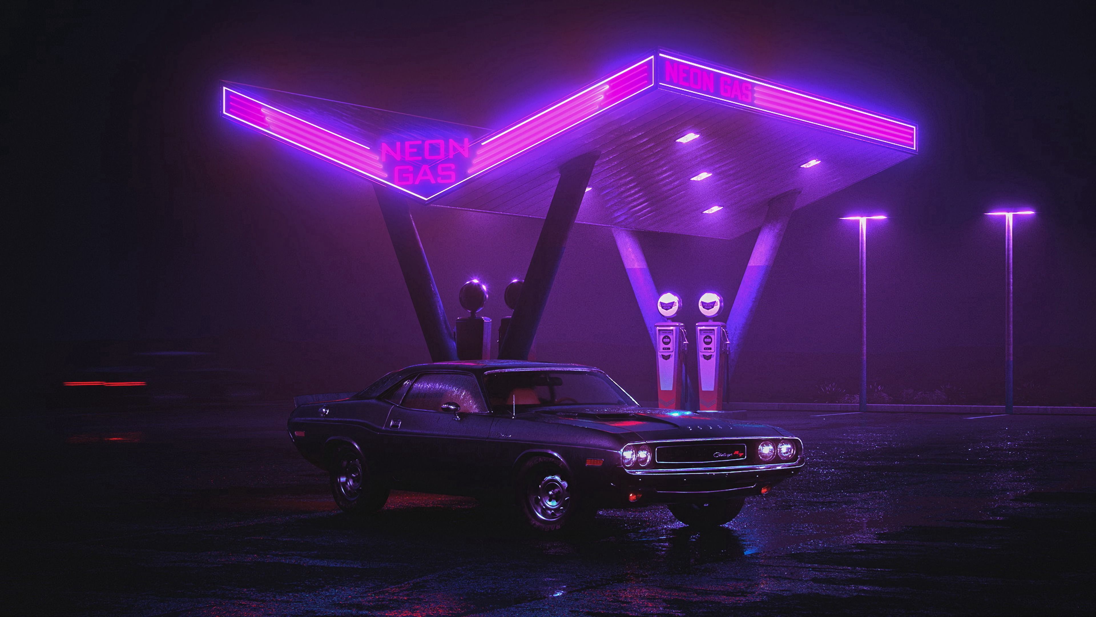 Neon, Machine, Neon Gas Station, Dodge Challenger, Chrysler Neon. Wallpaper in 3840x2160 Resolution