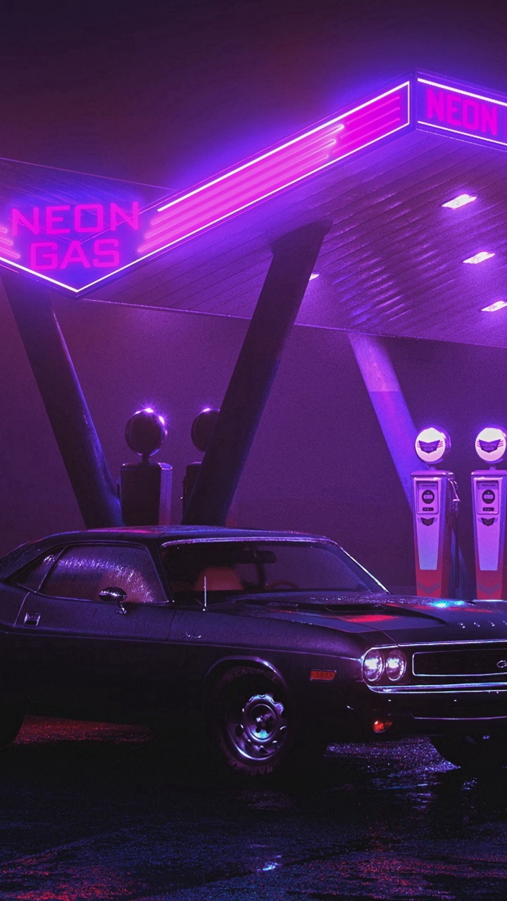 Neon, Maschine, Neon-Tankstelle, Dodge Challenger, Chrysler Neon. Wallpaper in 720x1280 Resolution