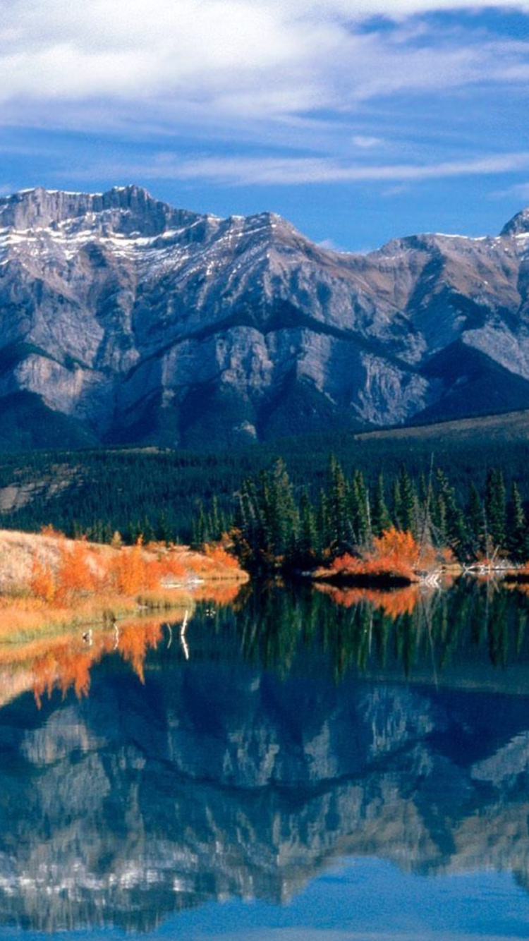Green and Brown Trees Near Lake and Mountain Under Blue Sky During Daytime. Wallpaper in 750x1334 Resolution