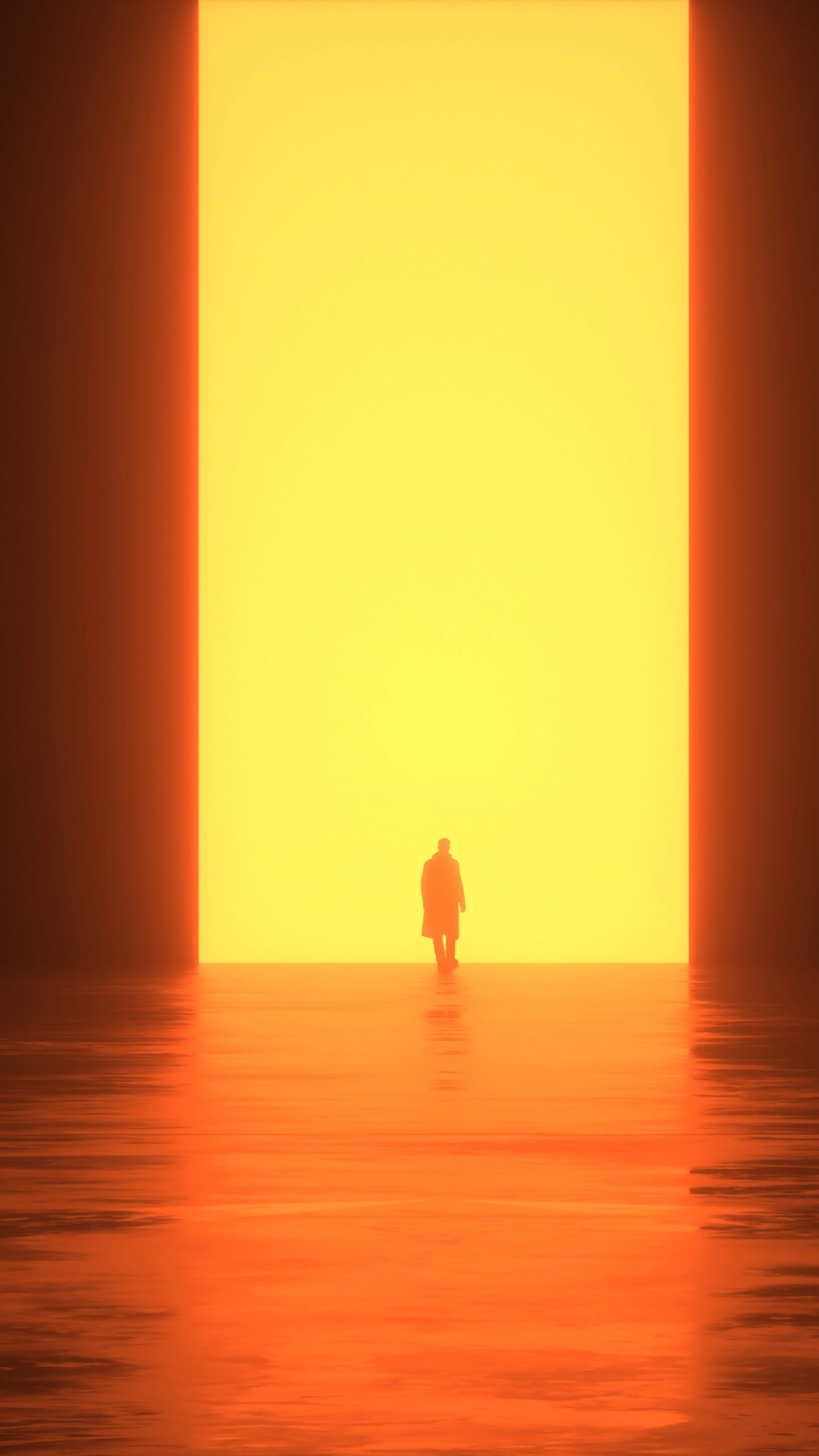 Silhouette Einer Person, Die Bei Sonnenuntergang Auf Dem Wasser Steht Water. Wallpaper in 1440x2560 Resolution