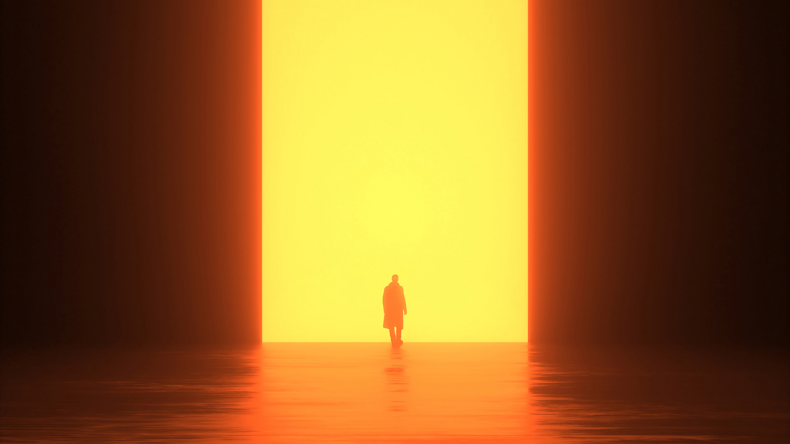 Silhouette de Personne Debout Sur L'eau Pendant le Coucher du Soleil. Wallpaper in 2560x1440 Resolution