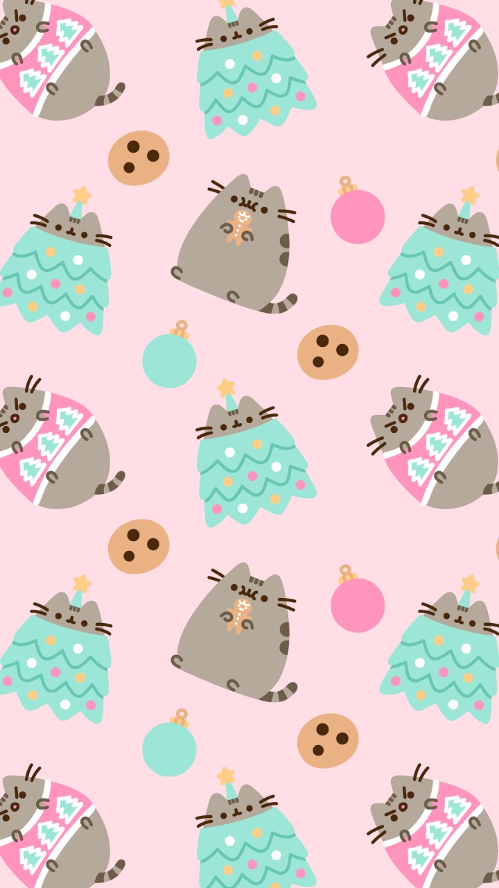 Pusheen, Christmas Day, Cat, White, Green. Wallpaper in 720x1280 Resolution