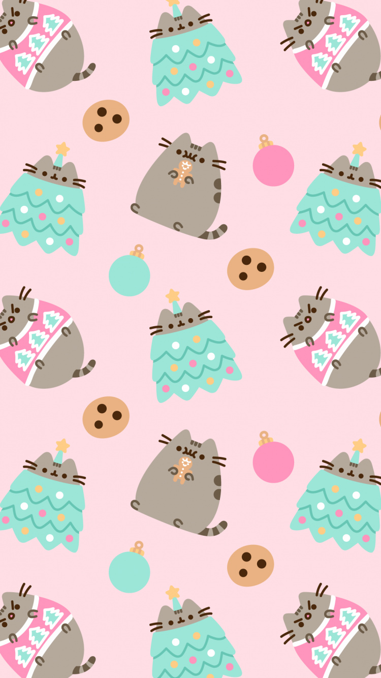Pusheen, Christmas Day, Cat, White, Green. Wallpaper in 750x1334 Resolution