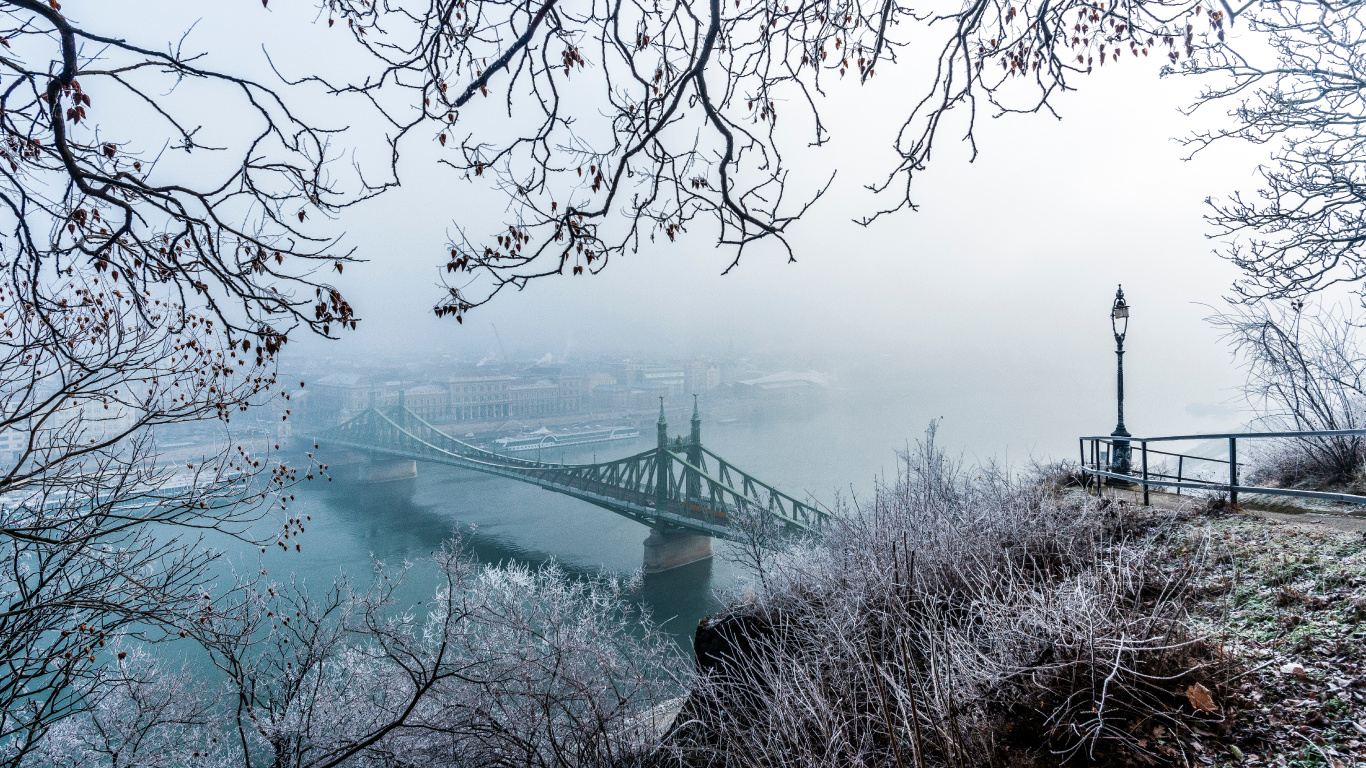 冬天, 冻结, Szchenyi链桥, 自然景观, 布达佩斯 壁纸 1366x768 允许
