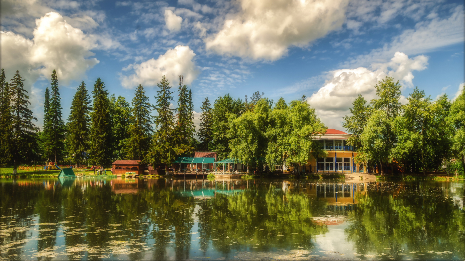 Arbres Verts à Côté D'un Plan D'eau Sous un Ciel Bleu et Des Nuages Blancs Pendant la Journée. Wallpaper in 1920x1080 Resolution
