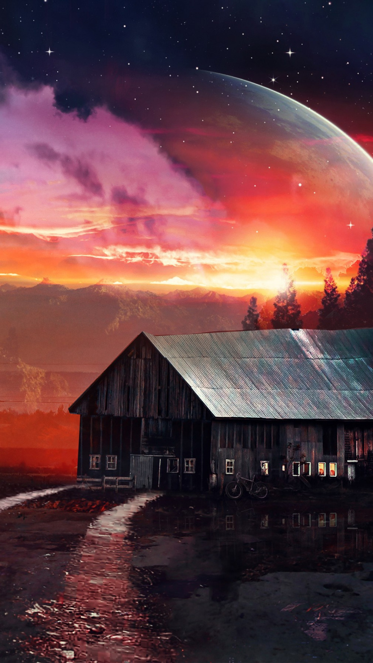 Maison en Bois Marron Sous Ciel Violet et Orange. Wallpaper in 750x1334 Resolution