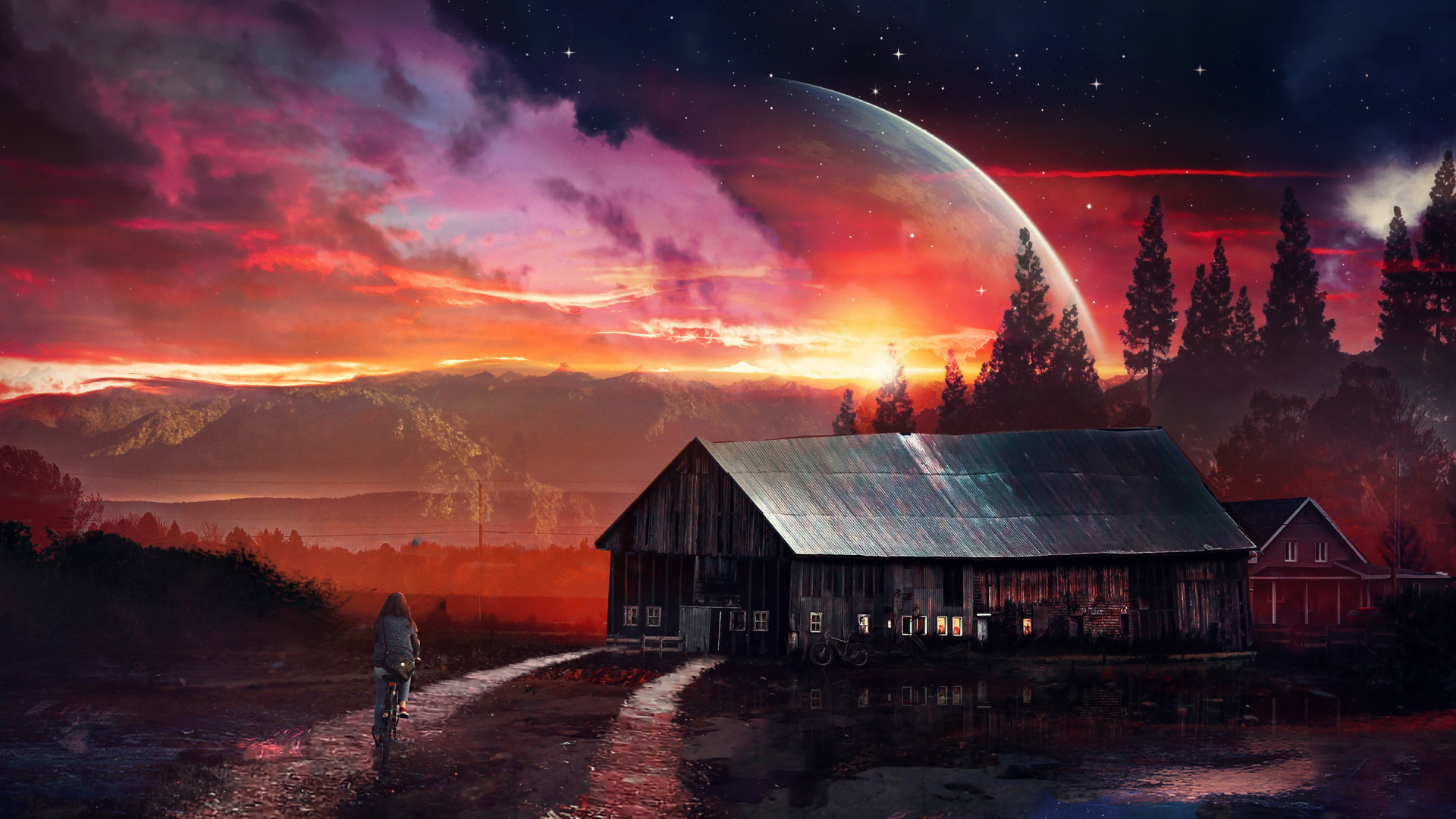 Braunes Holzhaus Unter Lila Und Orangefarbenem Himmel. Wallpaper in 1920x1080 Resolution