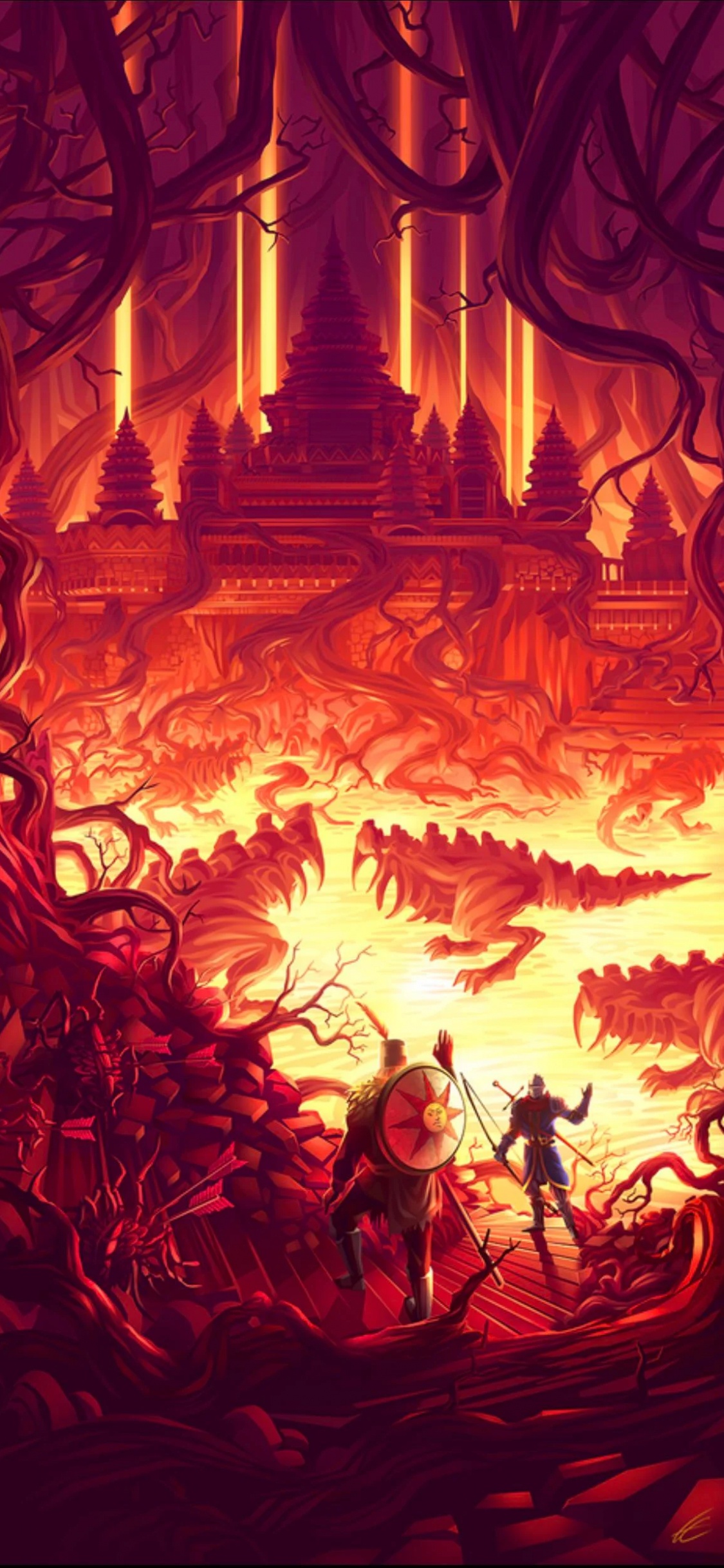 Lost Izalith Art, Dark Souls, Lost Izalith, Witch of Izalith, Solaire of Astora. Wallpaper in 1125x2436 Resolution