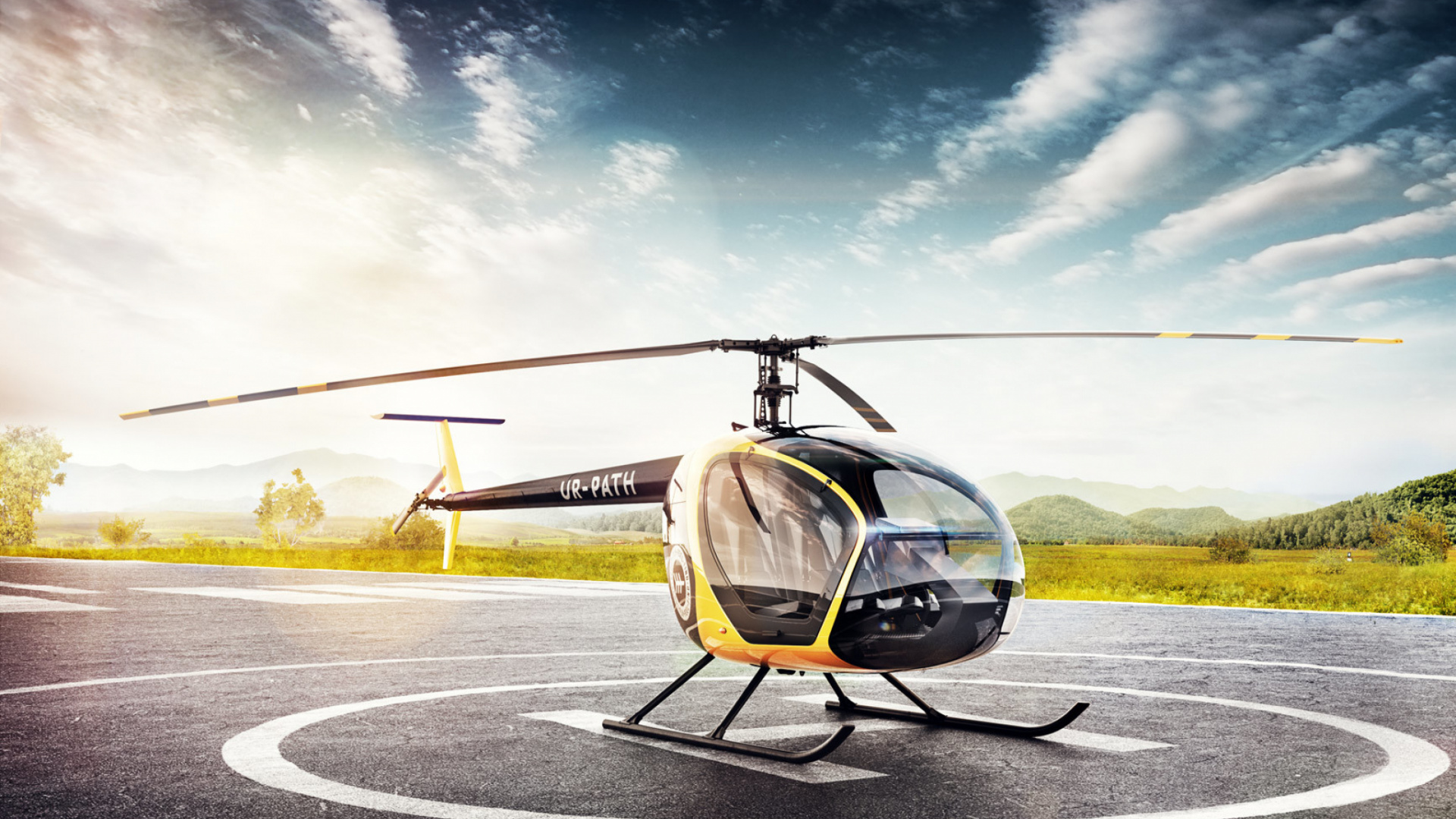 Black and Yellow Helicopter on Gray Concrete Road Under Blue Sky During Daytime. Wallpaper in 1920x1080 Resolution